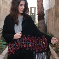 Black Embroidered Shawl: Multicolor
