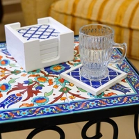 Handpainted Ceramic Coasters, set of 6 with holder (White with white and blue designs)
