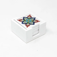 Handpainted Ceramic Coasters, set of 6 with holder (White with assorted designs)