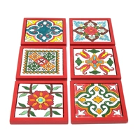 Handpainted Ceramic Coasters, set of 6 with holder (Red with assorted designs)