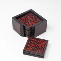 Embroidered Coaster Set With Holder - Red and black