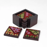Embroidered Wooden Coaster Set With Holder - Multiple Colors