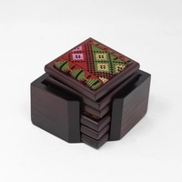 Embroidered Wooden Coaster Set With Holder - Multiple Colors