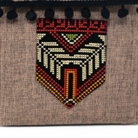 Beige Square Embroidered Crossbody Bag with Fringes
