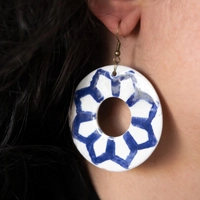 Navy Floral Circle Ceramic Earrings