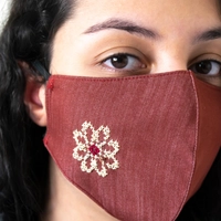 Embroidered Floral Cotton Dark Red Face Mask