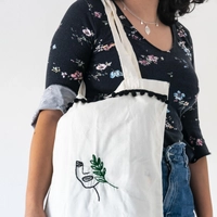 Tote Bag Embroidered - Face in Black and Tree Branch in Green