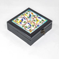 Black Wooden Box with Hand Painted Ceramic Cover - Multiple Patterns