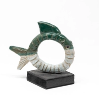 Circular Ceramic Fish Figurine with Wooden Stand