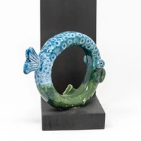 Circular Glazed Ceramic Bookend with Wooden Stand - Half Tail