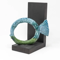 Circular Glazed Ceramic Bookend with Wooden Stand - Half Tail