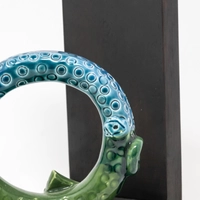 Circular Glazed Ceramic Bookend with Wooden Stand - Half Tail