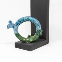 Circular Glazed Ceramic Bookend with Wooden Stand - Half Tail