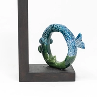 Circular Glazed Ceramic Bookend with Wooden Stand - Half Tail