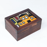 Embroidered Dark Brown Wood Jewelry Box - Blue