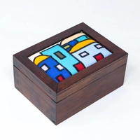 Embroidered Dark Brown Wood Jewelry Box - Blue