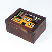 Embroidered Dark Brown Wood Jewelry Box - Blue