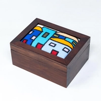 Embroidered Dark Brown Wood Jewelry Box - Blue