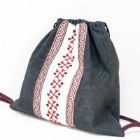 Canvas Drawstring Backpack Decorated with Heritage Embroidery ​ - Beige