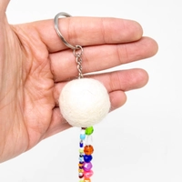 White Canvas Fabric Ball Key Chain with Tassels