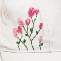 White Hand Embroidered Cap - Pink Floral Embroidery