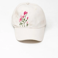 White Hand Embroidered Cap - Pink Floral Embroidery