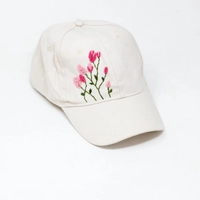 White Hand Embroidered Cap - Pink Floral Embroidery