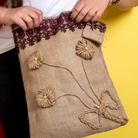 Burlap Handbag with a Small Headphones Purse