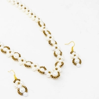 Set of Beaded Necklace and Earrings - White and Gold