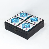Hand-Embroidered Wooden Box - 9 Divided Sections - White & Blue
