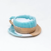 Pottery Cup & Saucer Set - Brown & Glazed with White & Blue 