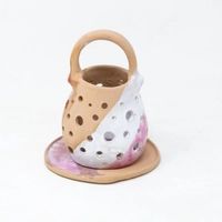 Pottery Candle Holder - Brown & Pink & White