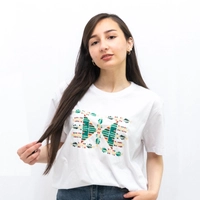 White T-Shirt with Colorful Hand Embroideries - S