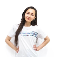 White T-shirt  with Blue Hand Embroideries - S