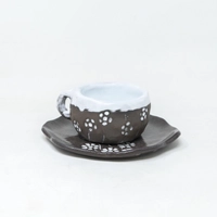Handmade White & Dark Brown Pottery Cup with Saucer - Floral Patterns