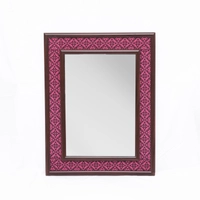 Wall Mirror of Brown Wooden Frame and Colorful Embroidery Patterns - Multiple Patterns - Green