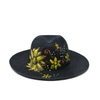 Black Burlap Sun Hat - Flowers Hand Paintings