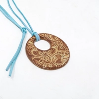 Round Pottery Necklace with Engraved Floral Motifs - Multiple Designs - Blue 1