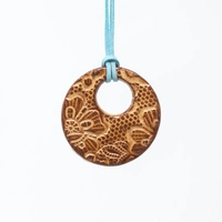 Round Pottery Necklace with Engraved Floral Motifs - Multiple Designs - Blue 1