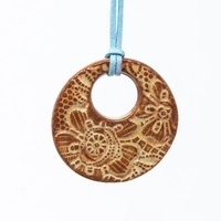 Round Pottery Necklace with Engraved Floral Motifs - Multiple Designs - Blue 1