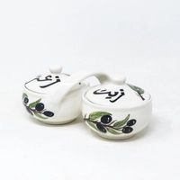 Hand-Painted Double Serving Pottery Bowl for Olive Oil & Thyme - Lemon pattern