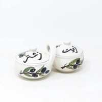 Hand-Painted Double Serving Pottery Bowl for Olive Oil & Thyme - Lemon pattern