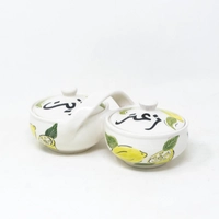 Hand-Painted Double Serving Pottery Bowl for Olive Oil & Thyme - Lemon pattern