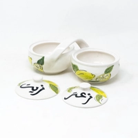 Hand-Painted Double Serving Pottery Bowl for Olive Oil & Thyme - Lemon pattern