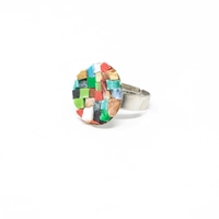 Small Round Silver Ring with Colorful Mosaic Tiles