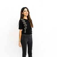 Black T-Shirt with One-Sided Hand Embroidery Patterns - S