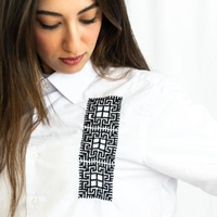 White Shirt with Black Hand Embroidery Patterns - S