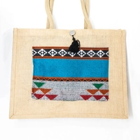 Beige Large Burlap Tote Bag with Bedouin-Inspired Patterns - Multiple Designs - Blue & Gray