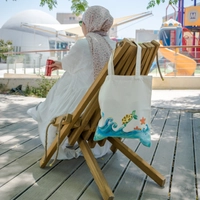 Beige Tote Bag with Beach Theme Hand Paintings