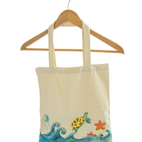 Beige Tote Bag with Beach Theme Hand Paintings